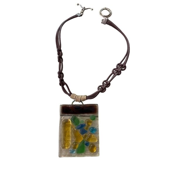 Art Glass Pendant Statement Necklace Mulitcolor 14" Toggle Clasp 2.2"h - Picture 15 of 16